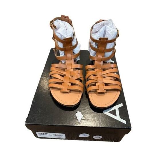 AQUA “Emil” Leather Strappy Gladiator Sandals in Cognac Brown – NWOT – Size 7 - Picture 6 of 9